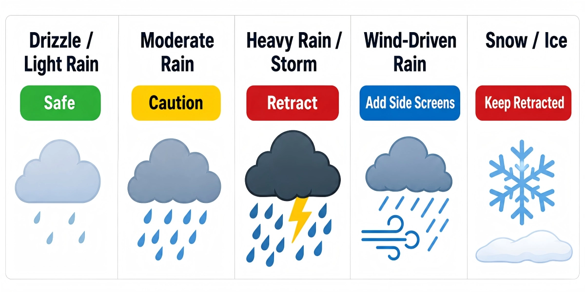 Retractable awning rain operation guide showing when to use or retract the awning